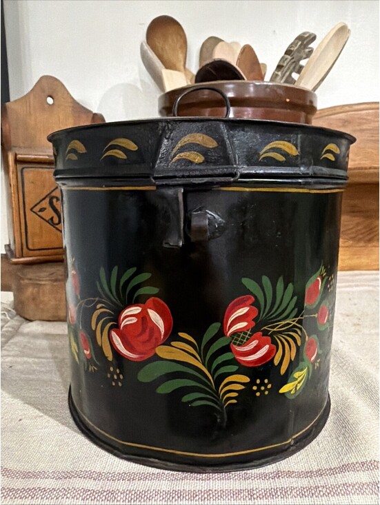 Other - Antique Toleware Storage Tin Folk Art Hand Painted Pennsylvania Dutch Floral